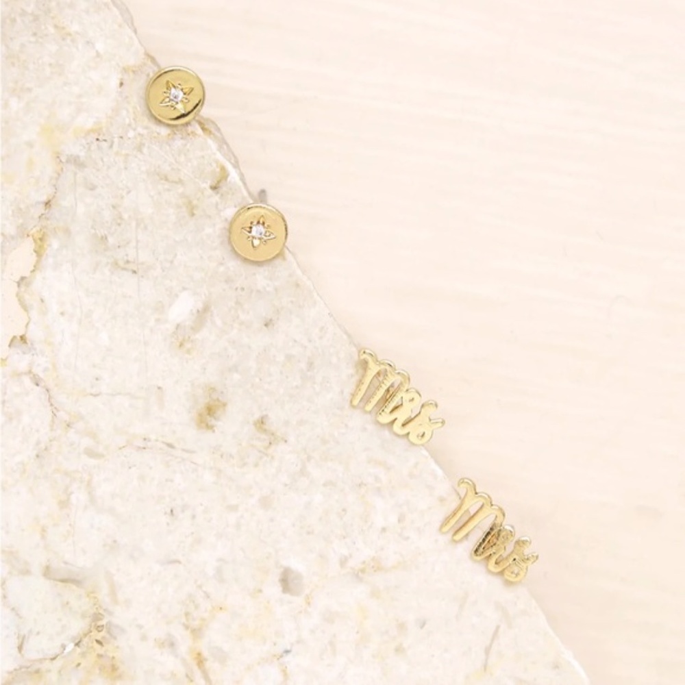 Revolve  Ettika MRS. 18K GOLD PLATED EARRING STUD SET Cubic Zirconia NWT Bridal